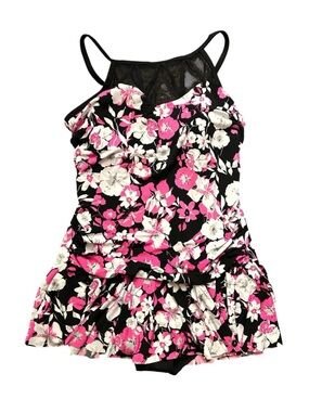 Simply Slim Floral Pink & White Black Swim Dress Sz L(12-14) nwt